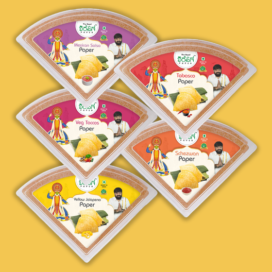 Mexican Spice Fiesta – 5 Flavours Ready-to-Eat Paper Dosa | Mexican Salsa, Tabasco, Veg Tacos, Schezwan & Yellow Jalapeno