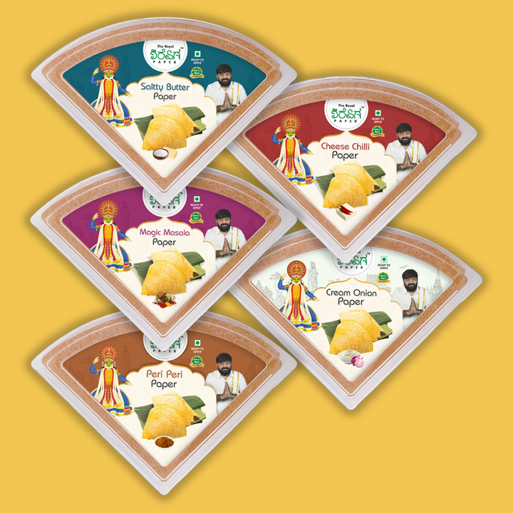Royal Feast Pack – 5 Flavours Ready-to-Eat Paper Dosa | Salty Butter, Magic Masala, Peri Peri, Cheese Chilli & Cream & Onion