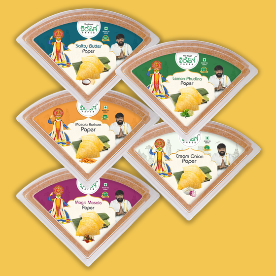 Classic Crunch Five – 5 Flavours Ready-to-Eat Paper Dosa | Salty Butter, Lemon Pudina, Masala Kurkure, Magic Masala & Cream Onion