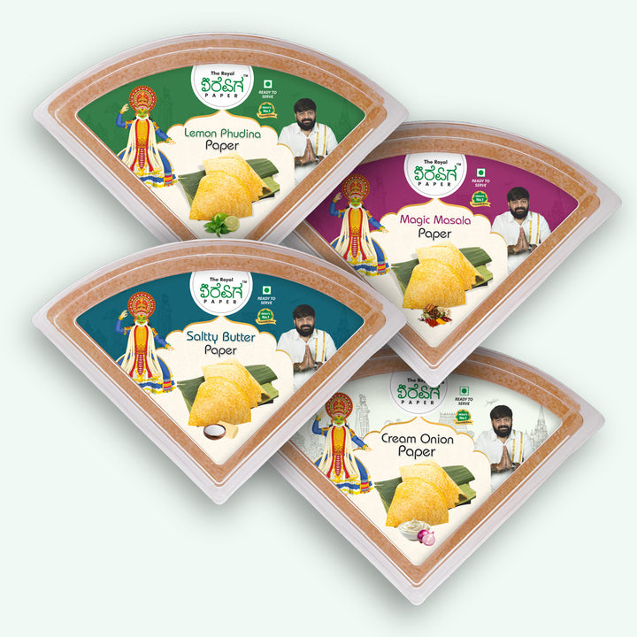 Classic Combo – 4 Flavours Ready-to-Eat Paper Dosa | Salty Butter, Lemon Pudina, Magic Masala & Cream & Onion
