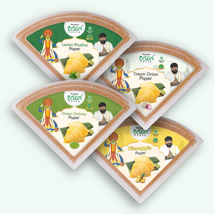 Fresh Flavour Combo – 4 Flavours Ready-to-Eat Paper Dosa | Green Chutney, Lemon Pudina, Cream & Onion & Pineapple