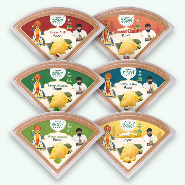 Karnataka Bangalore Box – 6 Flavours Ready-to-Eat Paper Dosa | Green Chutney, Lemon Pudina, Cheese Chilli, Sweet Chili, Salty Butter & Cheese Masti