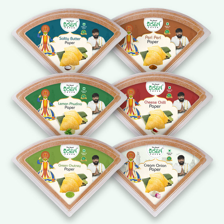 Tamil Nadu South Special – 6 Flavours Ready-to-Eat Paper Dosa | Green Chutney, Lemon Pudina, Salty Butter, Peri Peri, Cheese Chilli & Cream & Onion