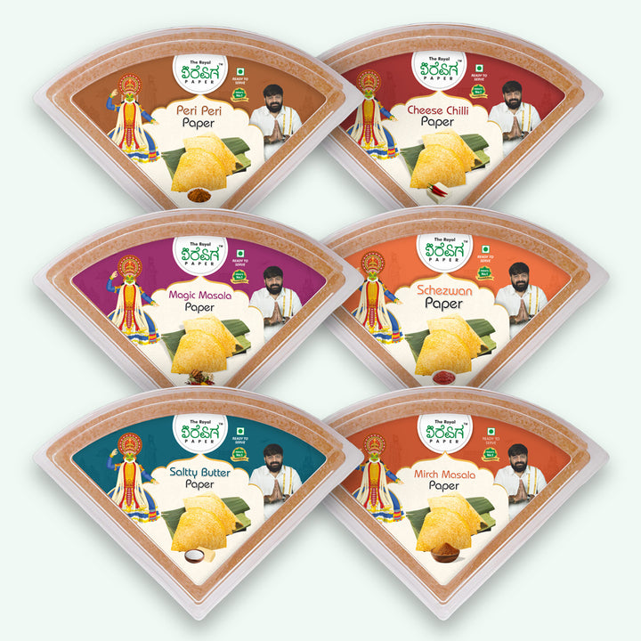 Royal Signature Combo – 12 Flavours Ready-to-Eat Paper Dosa | Salty Butter, Magic Masala, Peri Peri, Cheese Chilli, Schezwan, Mirch Masala, Mexican Salsa, Papdi Chaat, Veg Tacos, Lemon Pudina, Green Chutney | The Royal Dosa Paper