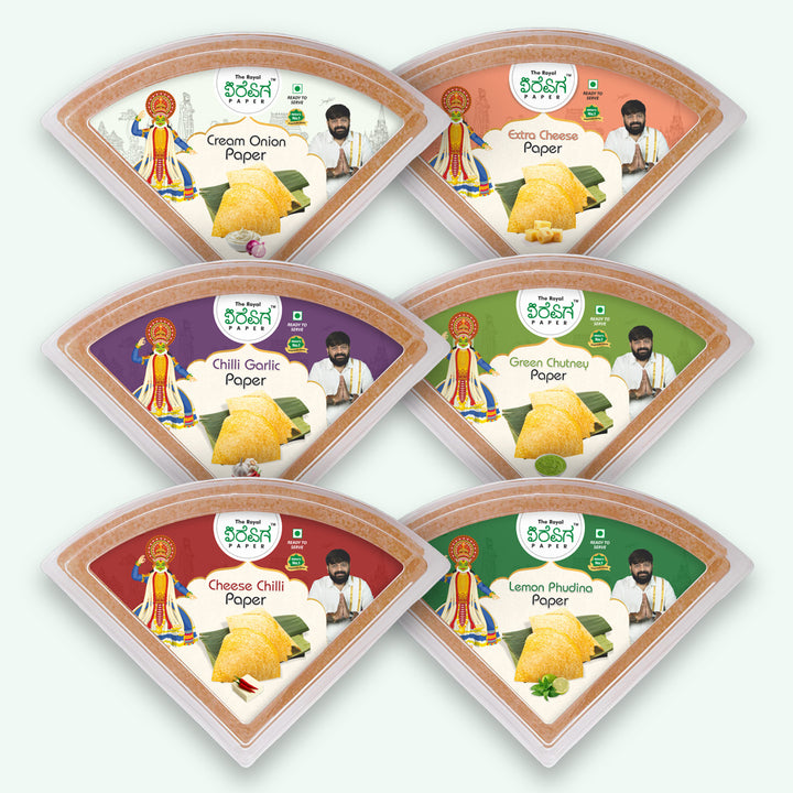 Ultimate Royal Combo – All 24 Flavours Ready-to-Eat Paper Dosa | Cheese Chilli, Chilli Garlic, Cream & Onion, Extra Cheese, Green Chutney, Lemon Pudina, Magic Masala, Mexican Salsa, Mirch Masala, Nimbu Mari, Punjabi Tadka | The Royal Dosa Paper