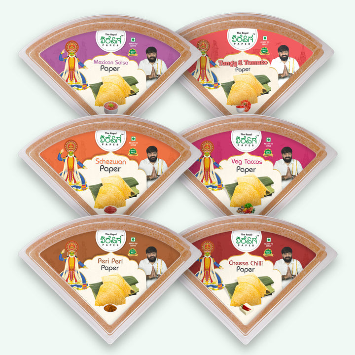 Party Combo – 6 Flavours Ready-to-Eat Paper Dosa | Peri Peri, Schezwan, Mexican Salsa, Tangy Tomato, Veg Tacos & Cheese Chilli
