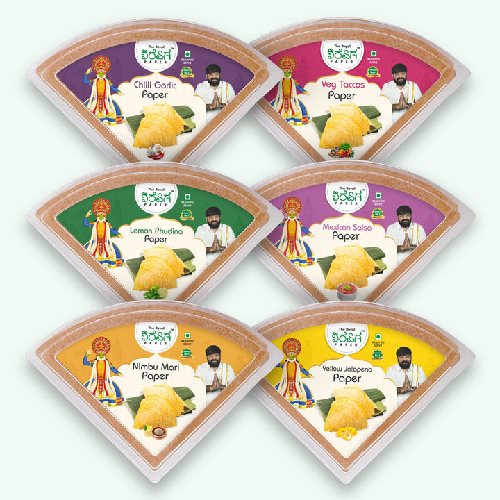 Flavour Adventure Box – 6 Flavours Ready-to-Eat Paper Dosa | Nimbu Mari, Lemon Pudina, Chilli Garlic, Veg Tacos, Mexican Salsa & Yellow Jalapeno